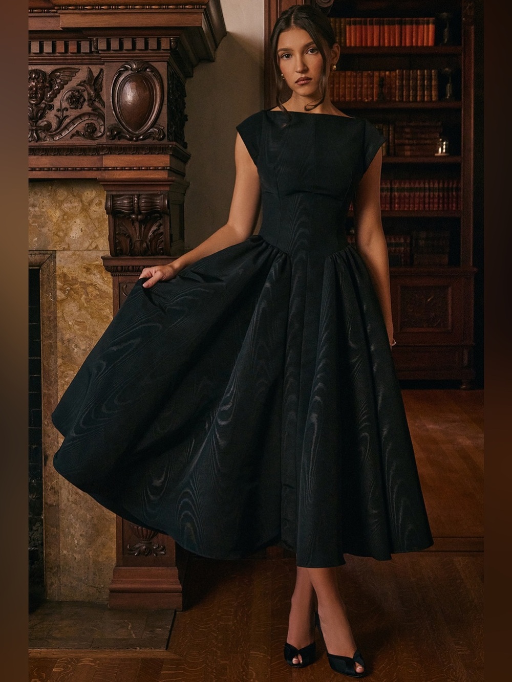 House of CB Debutante Black Moire Satin Backless Midi Dress NWOT size L - Picture 4 of 13